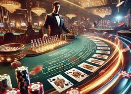 Tampilan meja Caribbean Stud Poker dengan dealer langsung dan kartu yang terbuka di studio pasang lotre